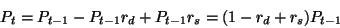 \begin{displaymath}P_t = P_{t-1} - P_{t-1} r_d + P_{t-1} r_s = (1 - r_d + r_s)
P_{t-1}
\end{displaymath}